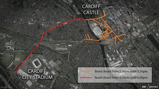 A map of the route and road closures