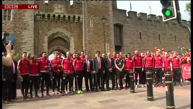 The Wales players outside the Castle