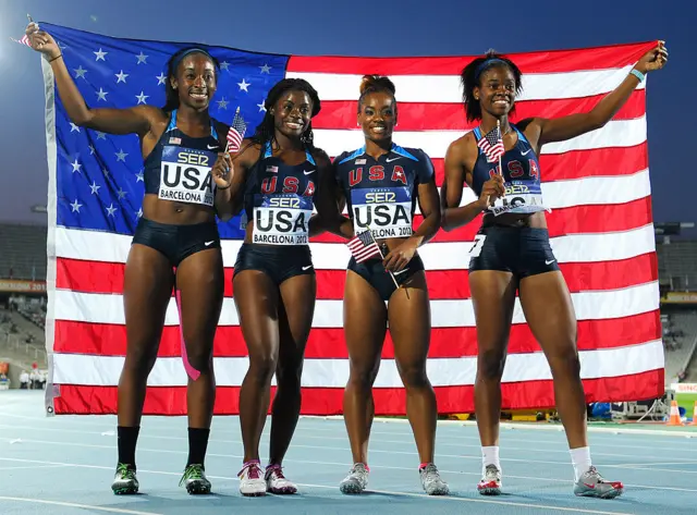 Morgan Snow, Dezerea Bryant, Jennifer Madu and Shayla Sanders of United States pose after winning the gold medal on the Women's 4x100 metres Relay Final on the day five of the 14th IAAF World Junior Championships at Estadi Olimpic Lluis Companys on July 14, 2012 in Barcelona, Spain