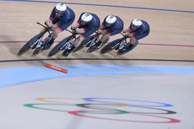 Britain"s Edward Clancy, Steven Burke, Owain Doull and Bradley Wiggins