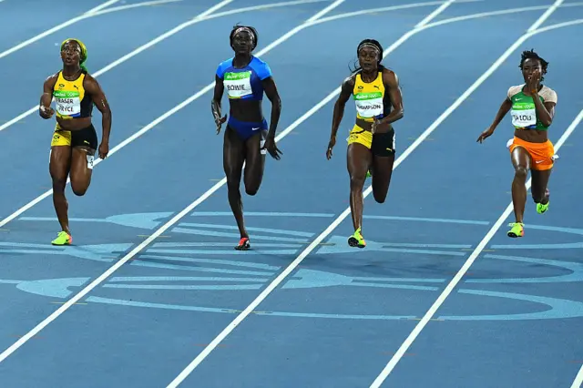 Jamaica's Shelly-Ann Fraser-Pryce, USA's Tori Bowie, Jamaica's Elaine Thompson and Ivory Coast's Marie-Josee Ta Lou