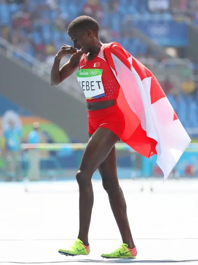 Ruth Jebet of Bahrain celebrates after winning the women"s 3000m Steeplechase final