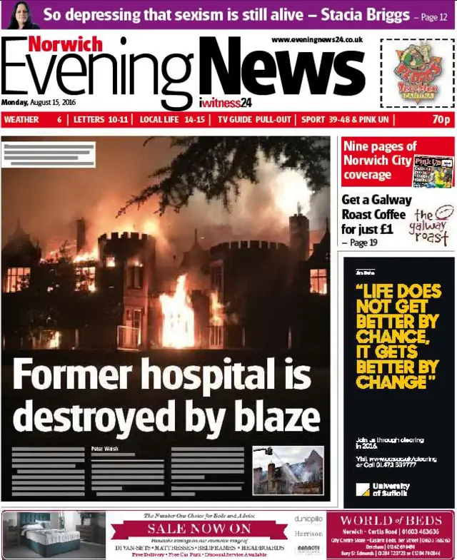 Front page of the Norwich Evening News