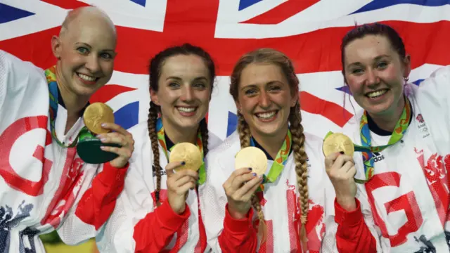 Gold medalists Laura Trott, Joanna Rowsell-Shand, Katie Archibald, Elinor Barker of Great Britain