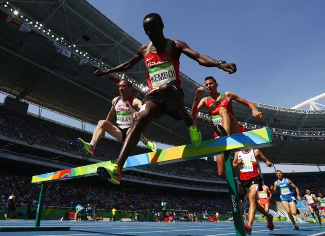 Ezekiel Kemboi of Kenya competes in round one of the Men"s 3000m Steeplechase