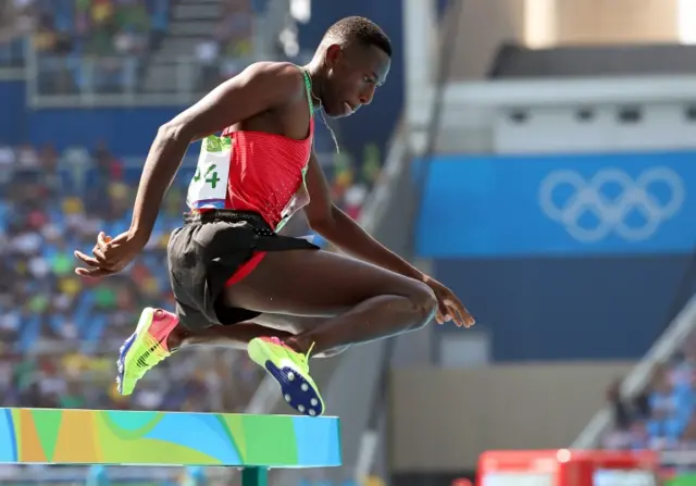 Conseslus Kipruto of Kenya competes during the men"s 3000m Steeplechase final of the Rio 2016 Olympic Games Athletics, Track and Field events at the Olympic Stadium in Rio de Janeiro, Brazil, 17 August 2016.