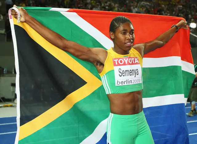 Caster Semenya of South Africa celebrates winning