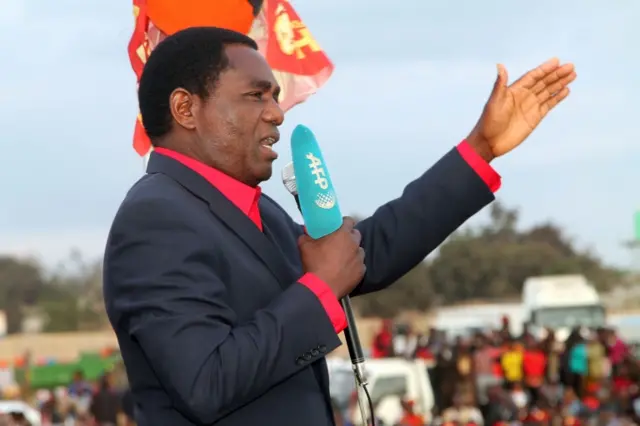 Main Zambian opposition party United Party for National Development presidential candidate Hakainde Hichilema delivers a speech during a last presidential campaign rally on August 10, 2016 in Lusaka