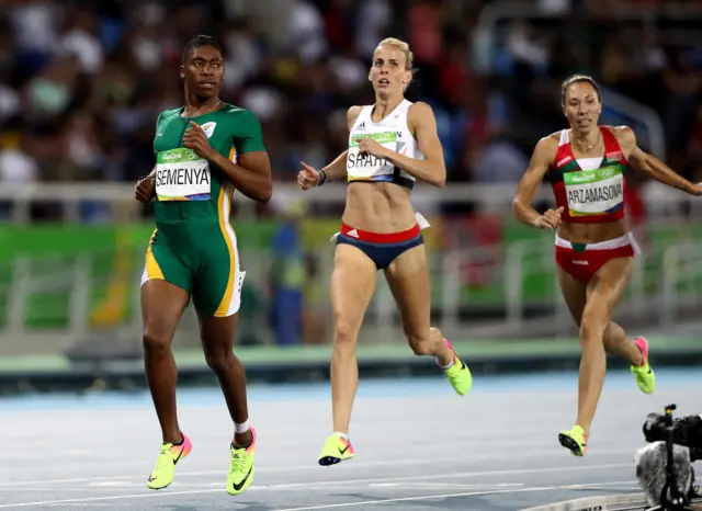 Caster Semenya of South Africa and Lynsey Sharp of Great Britain compete in the Women's 800m Semifinals on Day 13 of the Rio 2016 Olympic Games at the Olympic Stadium on August 18, 2016 in Rio de Janeiro, Brazil