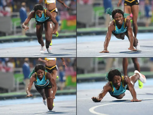 Bahamas's Shaunae Miller diving to cross the finish line to win the Women's 400m Final during the athletics event at the Rio 2016 Olympic Games