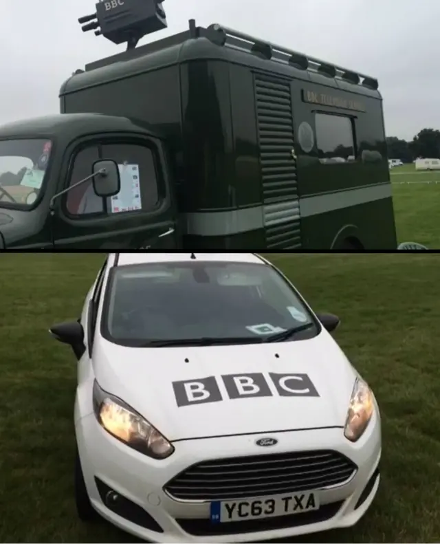 1955 BBC broadcast van alongside broadcast car