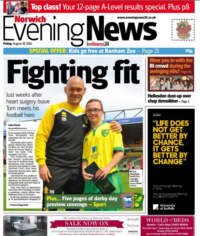 Front page of Norwich Evening News