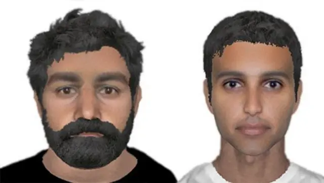 Photofits of the two men, of Middle eastern appearance, one with a moustache and beard