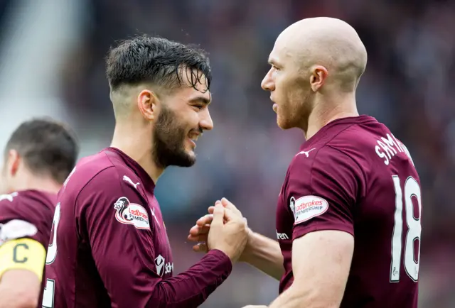 Hearts striker Tony Watt and Conor Sammon celebrate