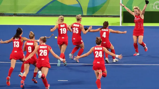 Team GB after their winning hockey goal