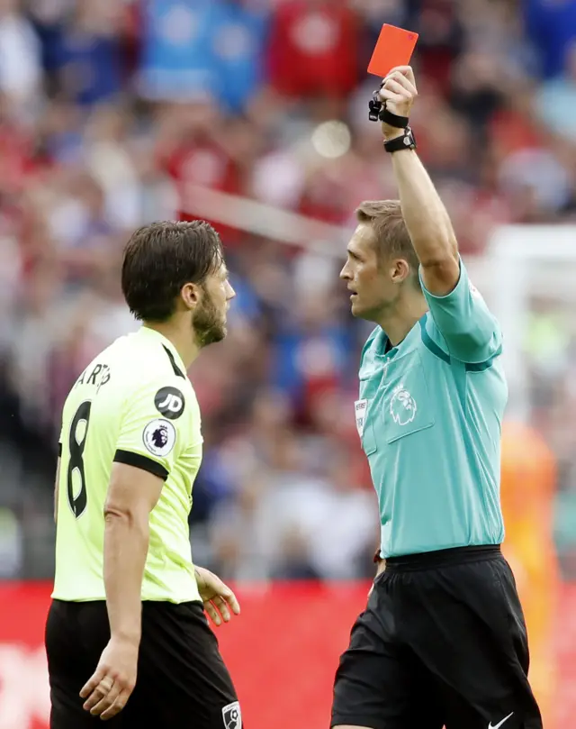 Bournemouth's Harry Arter receives a red card