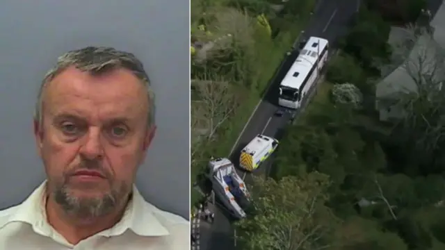 Martin Chun picture: Devon and Cornwall Police. Coach crash scene picture: BBC