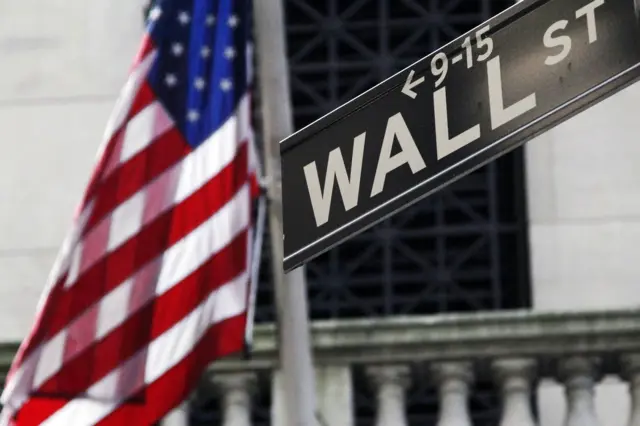 US flag and Wall Street sign