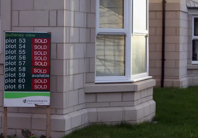 Sold signs are displayed outside a house being constructed on a housing estate by developer and housebuilder Persimmon