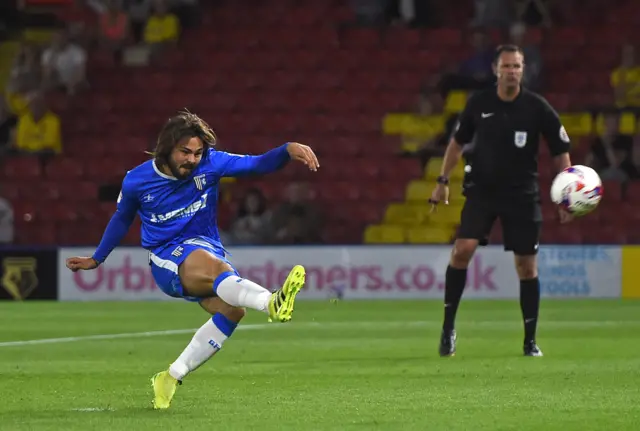 Gillingham's Bradley Dack misses a penalty