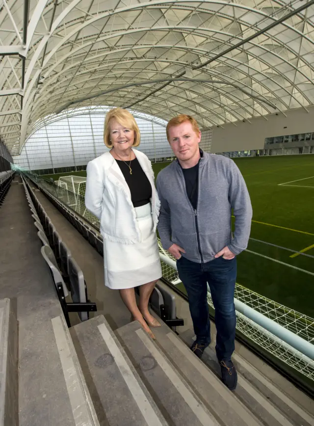 Hearts owner Ann Budge with Hibernian boss Neil Lennon