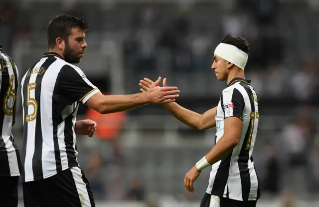 Perez celebrates after scoring Newcastle's first goal