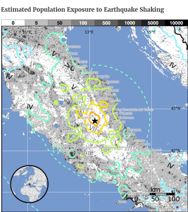 Map showing Italy and the concentric circles indicating exposure to the shocks