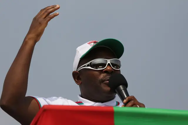 Burundian President Pierre Nkurunziza is viewed as he kicks off his official campaign for the presidency at a rally on June 25, 2015 in Busoni, Burundi.