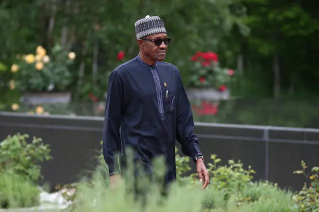 Nigeria's President Muhammadu Buhari arrives to attend a working session with outreach guests at the summit of G7 nations at Schloss Elmau on June 8, 2015 near Garmisch-Partenkirchen, Germany.