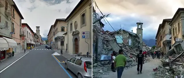 The main street through Amatrice was reduced to rubble following the earthquake