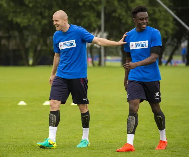 Philippe Senderos trains at Rangers' Murray Park training ground with Joe Dodoo