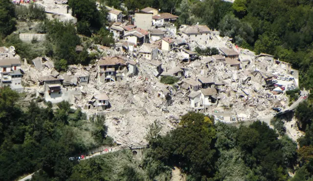 Aerial view of the vilage of Pescara del Tronto in central Italy (24 August 2016)