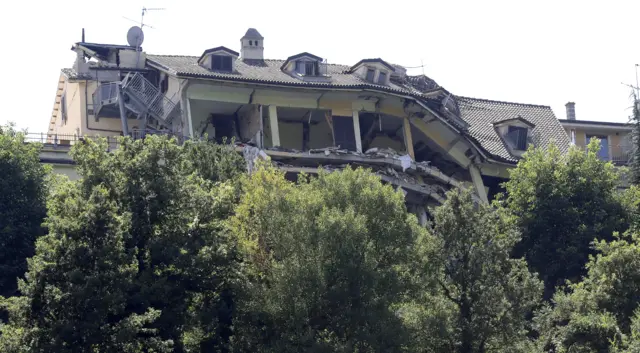 A partial view of the Hotel Roma, a town landmark which has a restaurant that serves the famous pasta dish, in Amatrice, central Italy,