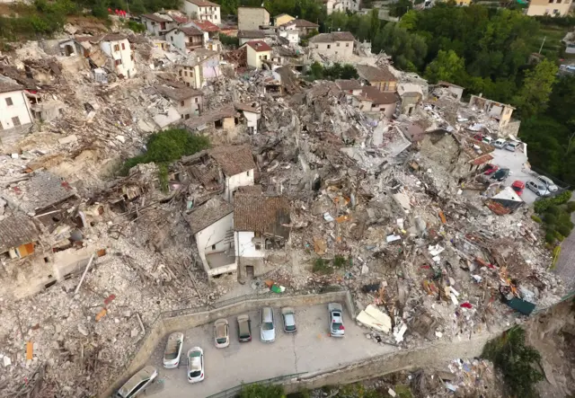 Aerial view of the vilage of Pescara del Tronto in central Italy (25 August 2016)