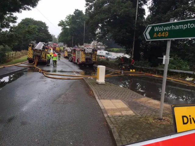 The road closure as firefighters tackle the fire