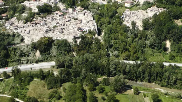 Aerial view of the vilage of Pescara del Tronto in central Italy (24 August 2016)