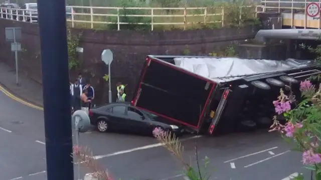 Overturned lorry on Stoke Road