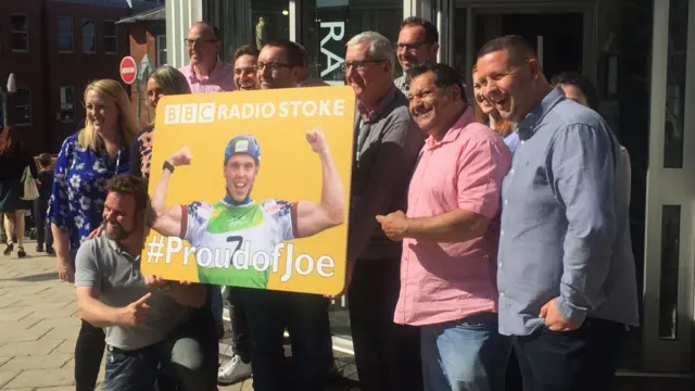 BBC Radio Stoke team with "Proud of Joe" poster