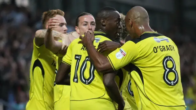 Burton celebrate Jackson Irvine's goal against Derby