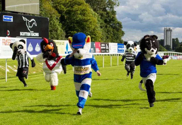 Cappie the Cat wins the Ladbrokes SPFL Mascot Race at Hamilton Race Course