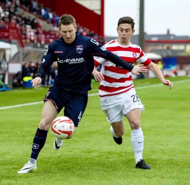 Ross County's Michael Gardyne holds off Hamilton's Danny Redmond