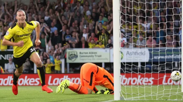 Burton's Jackson Irvine scores against Derby County