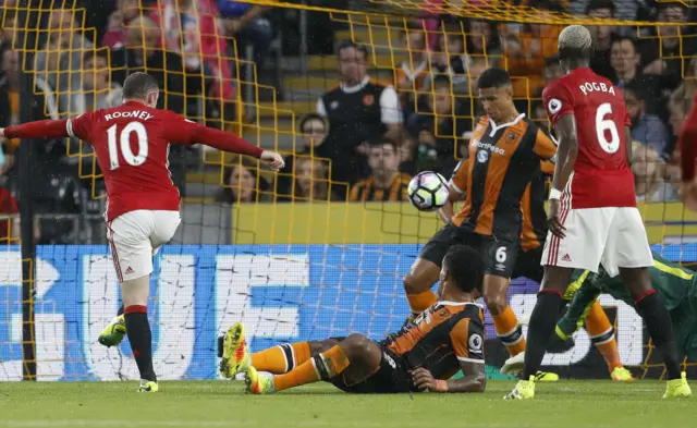 Curtis Davies blocks Wayne Rooney's effort