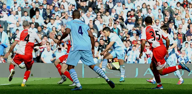 Man City's Sergio Aguero scores against Queens Park Rangers in 2012