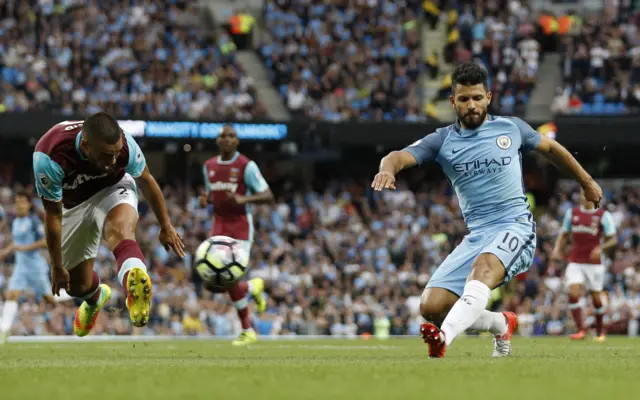 Manchester City's Sergio Aguero hits the side-netting.