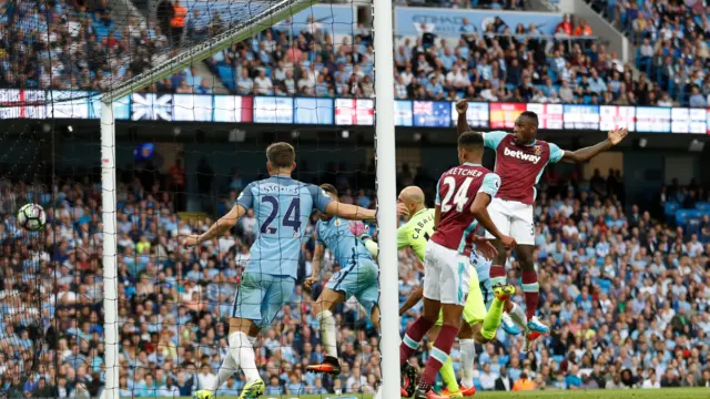 Michail Antonio scores for West Ham against Man City