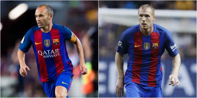 Barcelona's Andres Iniesta and Jeremy Mathieu