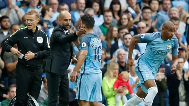 Manchester City's Sergio Aguero is replaced by Fernando