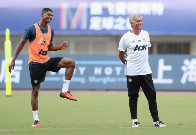 Manchester United's Marcus Rashford and Jose Mourinho