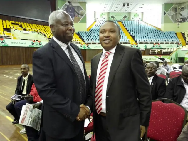 Head of Athletics Kenya Jackson Tuwei (L) and Kenya’s Sports Minister Hassan Wario (R)